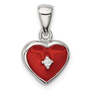 925 Sterling Silver Rhodium Plated Red Enamel CZ Heart Necklace Charm Pendant